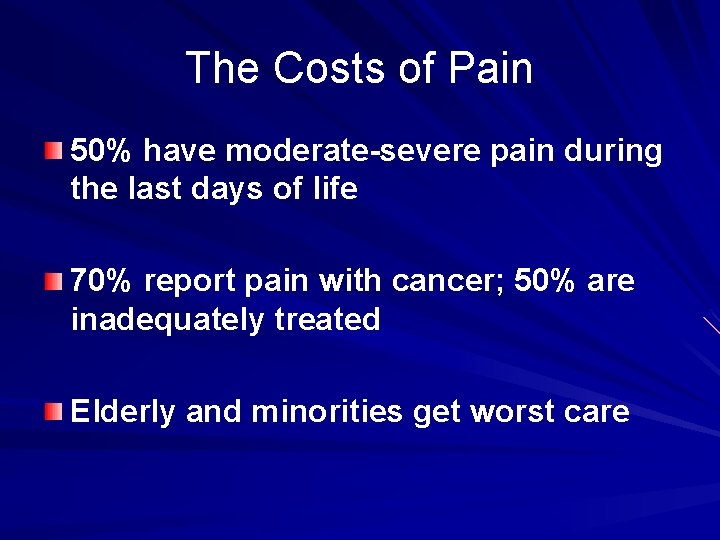 The Costs of Pain 50% have moderate-severe pain during the last days of life