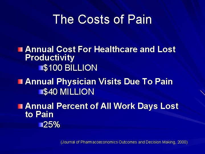 The Costs of Pain Annual Cost For Healthcare and Lost Productivity $100 BILLION Annual