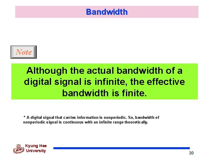 Bandwidth Note Although the actual bandwidth of a digital signal is infinite, the effective