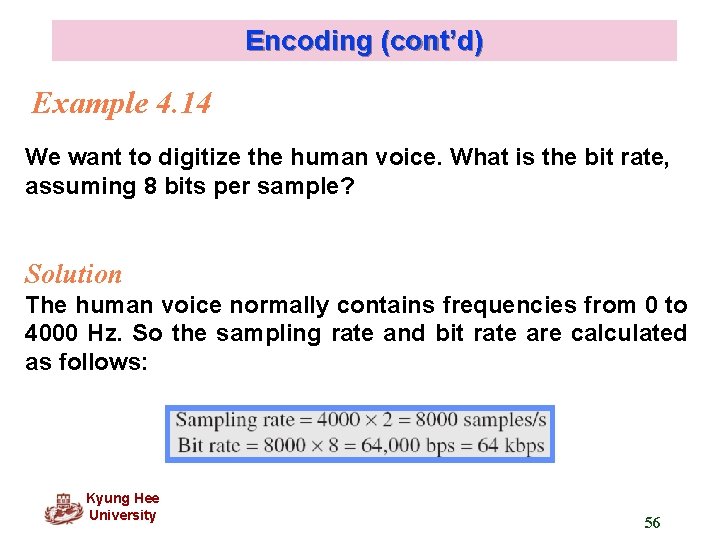 Encoding (cont’d) Example 4. 14 We want to digitize the human voice. What is