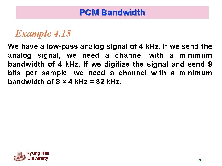 PCM Bandwidth Example 4. 15 We have a low-pass analog signal of 4 k.