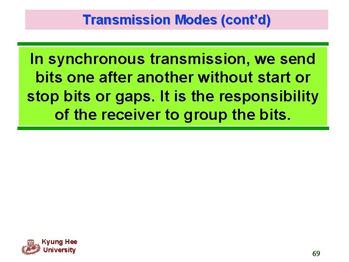 Transmission Modes (cont’d) In synchronous transmission, we send bits one after another without start