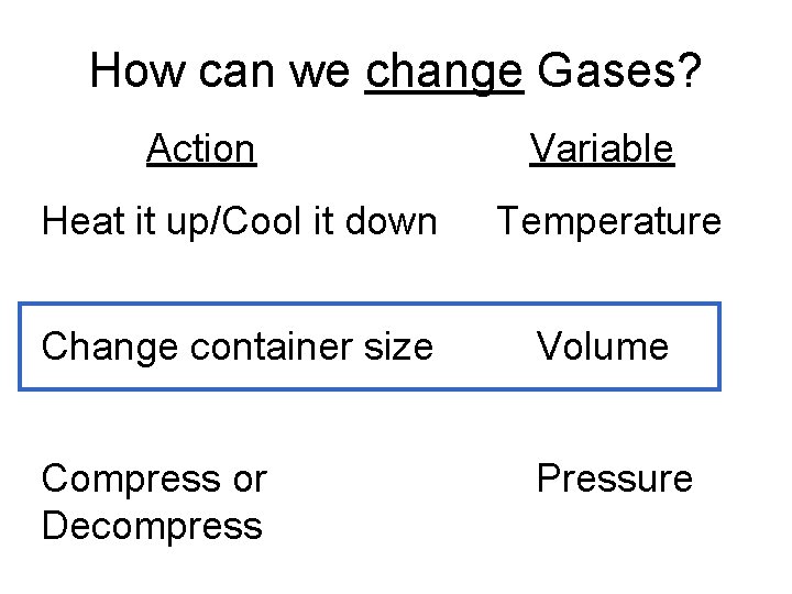 How can we change Gases? Action Variable Heat it up/Cool it down Temperature Change