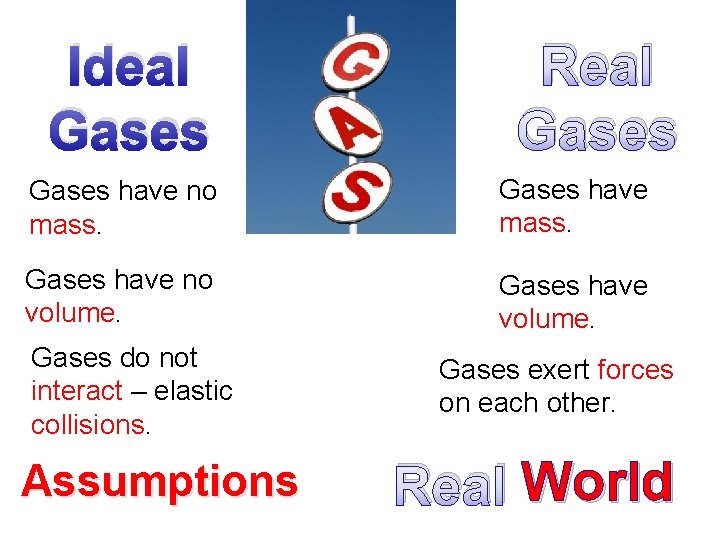 Ideal Gases Real Gases have no mass. Gases have no volume. Gases have volume.