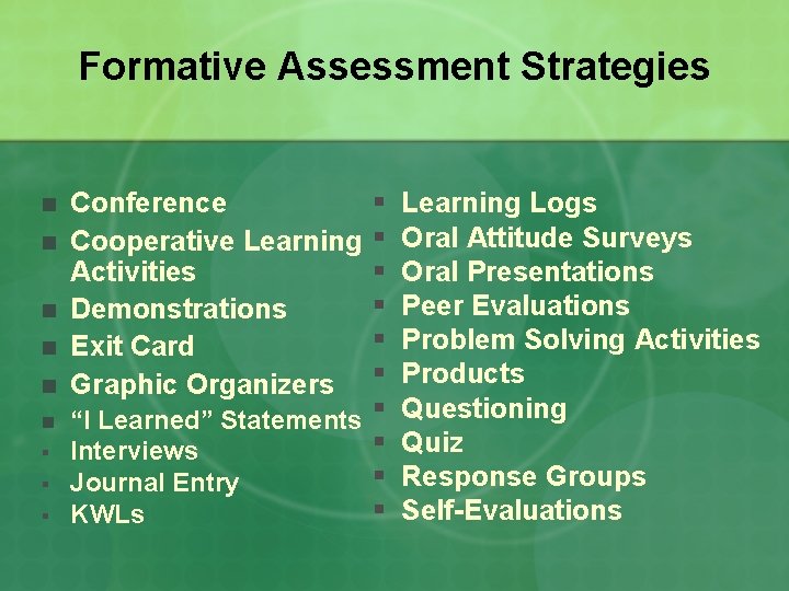 Formative Assessment Strategies n n n § § § § § “I Learned” Statements