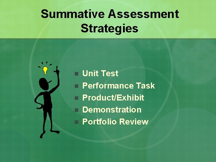 Summative Assessment Strategies n n n Unit Test Performance Task Product/Exhibit Demonstration Portfolio Review