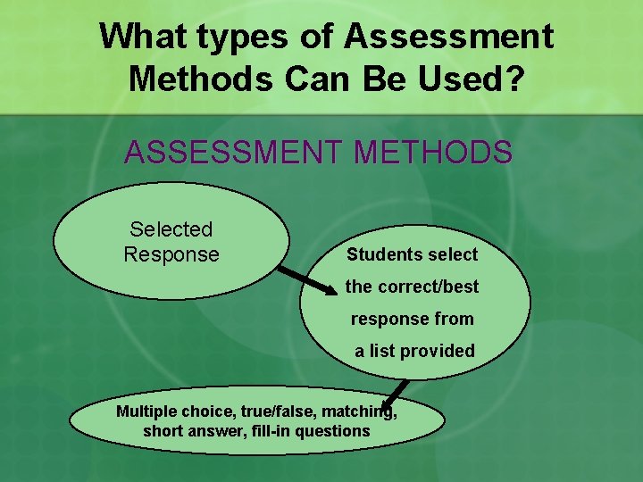 What types of Assessment Methods Can Be Used? ASSESSMENT METHODS Selected Response Students select