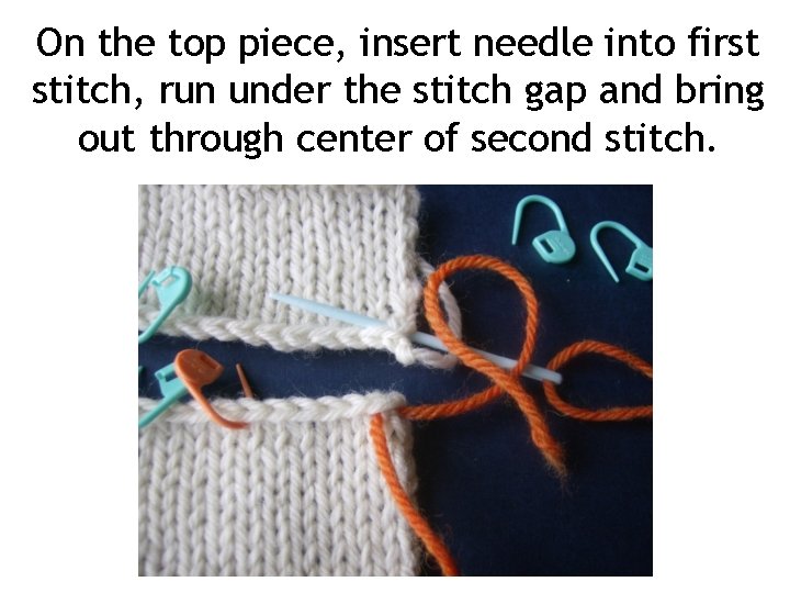 On the top piece, insert needle into first stitch, run under the stitch gap