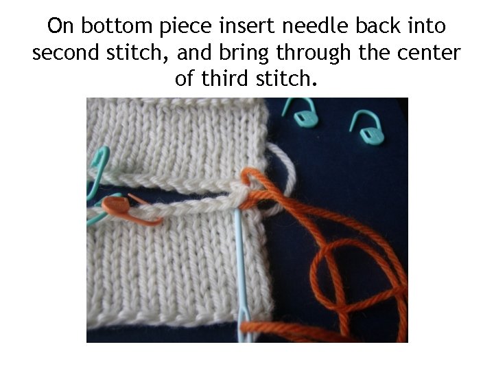 On bottom piece insert needle back into second stitch, and bring through the center