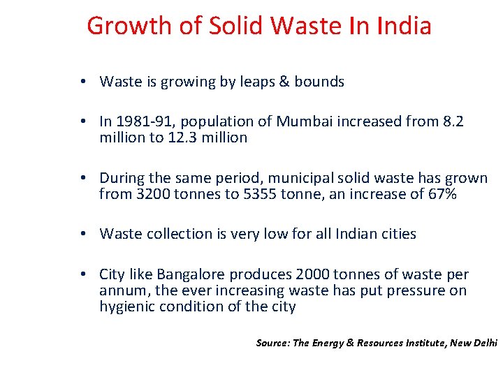 Growth of Solid Waste In India • Waste is growing by leaps & bounds Growth of Solid Waste In India • Waste is growing by leaps & bounds