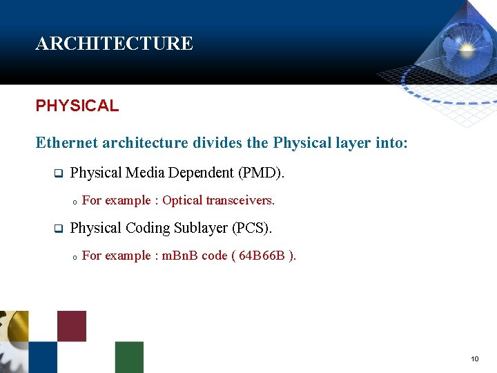 ARCHITECTURE PHYSICAL Ethernet architecture divides the Physical layer into: q Physical Media Dependent (PMD).