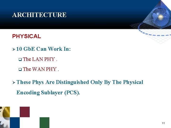 ARCHITECTURE PHYSICAL Ø 10 Gb. E Can Work In: q The LAN PHY. q