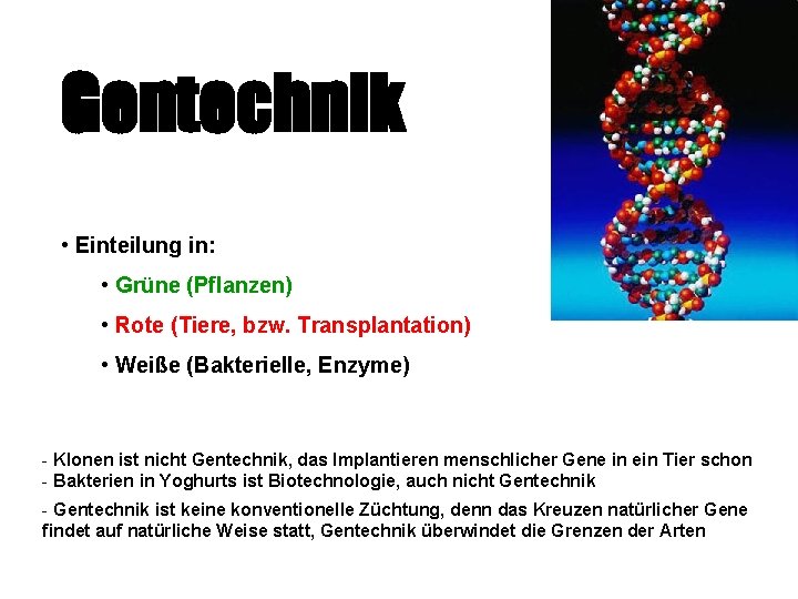 Gentechnik • Einteilung in: • Grüne (Pflanzen) • Rote (Tiere, bzw. Transplantation) • Weiße