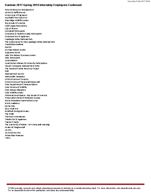 Internship Guide 2017 -2018 Summer 2017 -Spring 2018 Internship Employers Continued Natural Resource Management