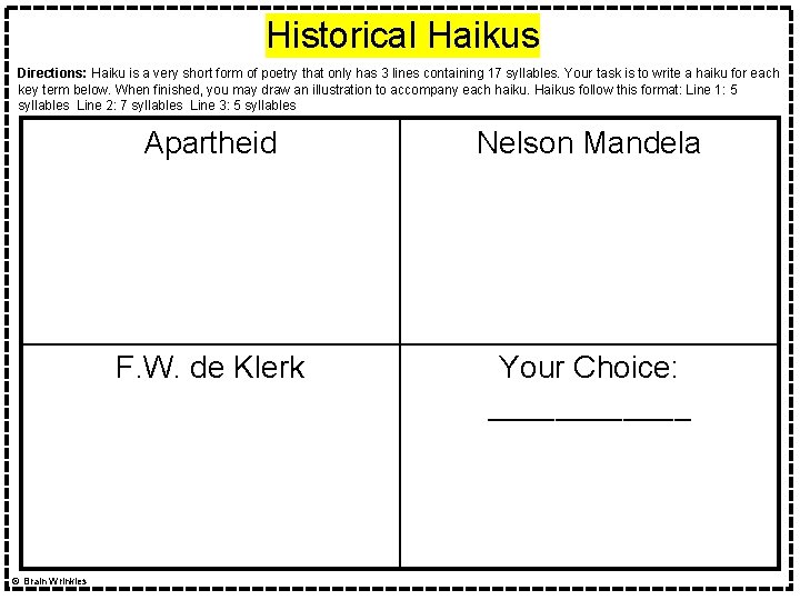 Historical Haikus Directions: Haiku is a very short form of poetry that only has