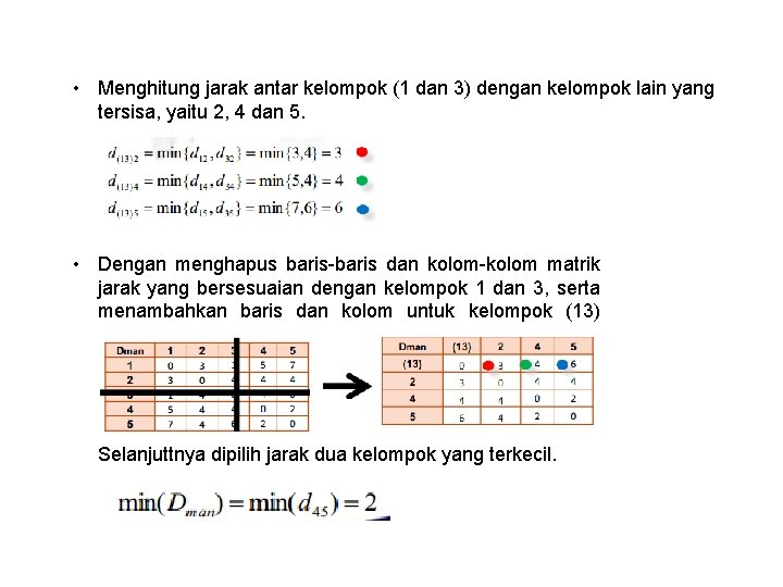 • Menghitung jarak antar kelompok (1 dan 3) dengan kelompok lain yang tersisa, • Menghitung jarak antar kelompok (1 dan 3) dengan kelompok lain yang tersisa,
