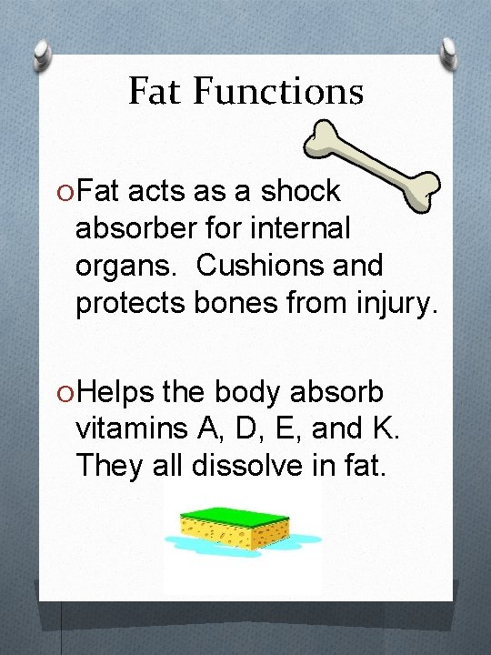 Fat Functions OFat acts as a shock absorber for internal organs. Cushions and protects