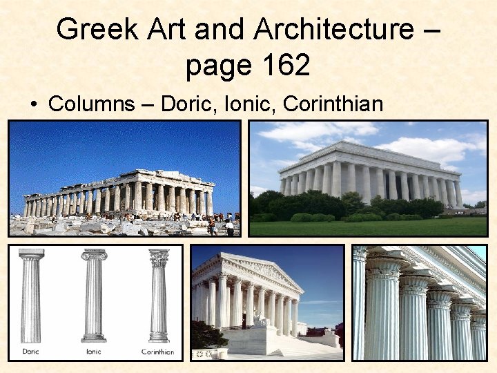 Greek Art and Architecture – page 162 • Columns – Doric, Ionic, Corinthian 