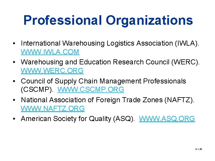 Professional Organizations • International Warehousing Logistics Association (IWLA). WWW. IWLA. COM • Warehousing and