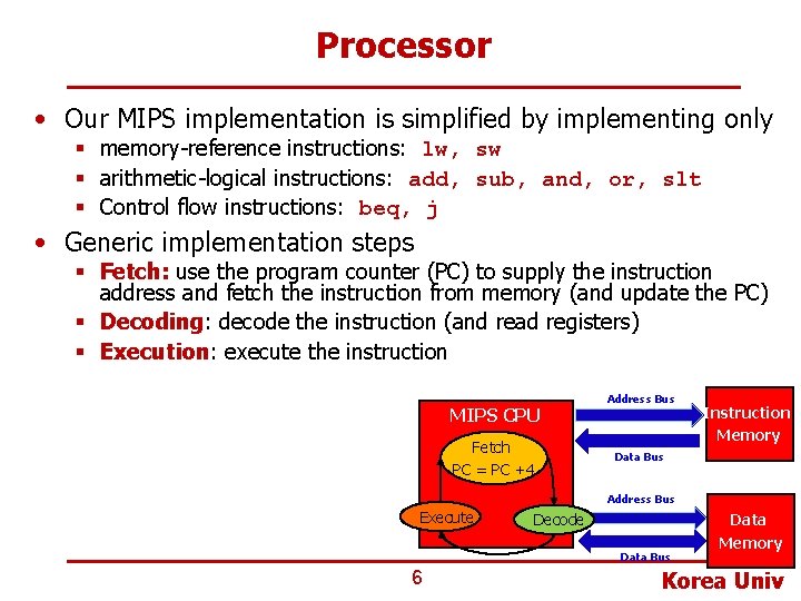 Processor • Our MIPS implementation is simplified by implementing only § memory-reference instructions: lw, Processor • Our MIPS implementation is simplified by implementing only § memory-reference instructions: lw,