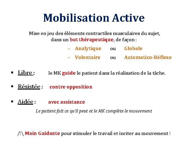 Mobilisation Active Mise en jeu des éléments contractiles musculaires du sujet, dans un but