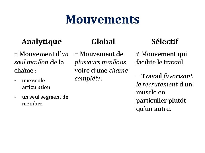 Mouvements Analytique Global = Mouvement d’un = Mouvement de seul maillon de la plusieurs