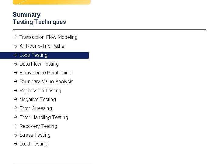 Summary Testing Techniques à Transaction Flow Modeling à All Round-Trip Paths à Loop Testing Summary Testing Techniques à Transaction Flow Modeling à All Round-Trip Paths à Loop Testing