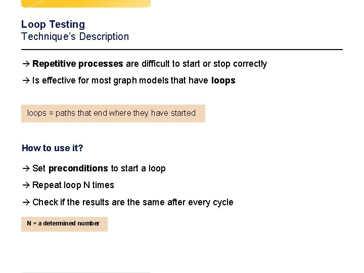 Loop Testing Technique’s Description à Repetitive processes are difficult to start or stop correctly Loop Testing Technique’s Description à Repetitive processes are difficult to start or stop correctly