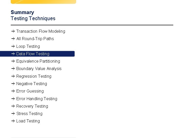 Summary Testing Techniques à Transaction Flow Modeling à All Round-Trip Paths à Loop Testing Summary Testing Techniques à Transaction Flow Modeling à All Round-Trip Paths à Loop Testing