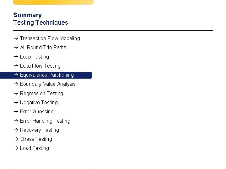 Summary Testing Techniques à Transaction Flow Modeling à All Round-Trip Paths à Loop Testing Summary Testing Techniques à Transaction Flow Modeling à All Round-Trip Paths à Loop Testing