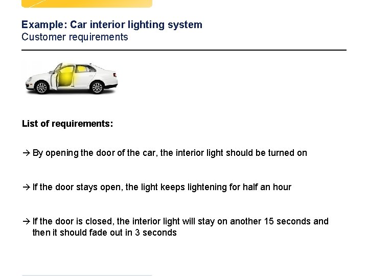 Example: Car interior lighting system Customer requirements List of requirements: à By opening the Example: Car interior lighting system Customer requirements List of requirements: à By opening the