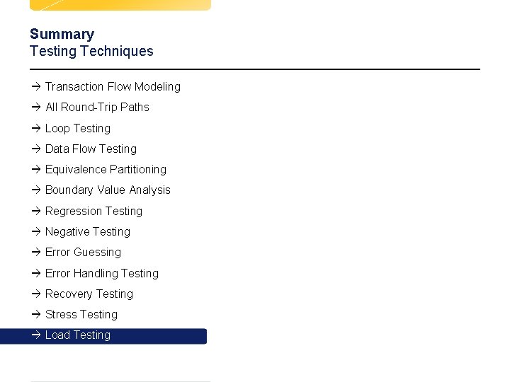Summary Testing Techniques à Transaction Flow Modeling à All Round-Trip Paths à Loop Testing Summary Testing Techniques à Transaction Flow Modeling à All Round-Trip Paths à Loop Testing