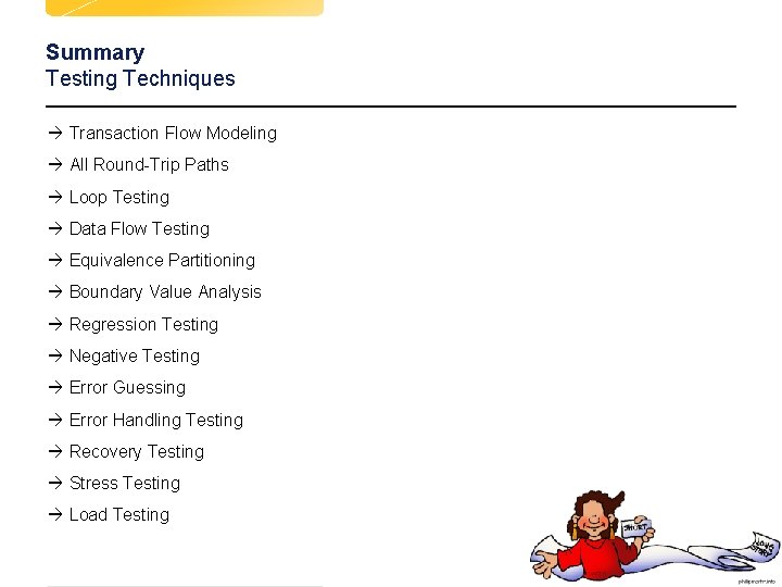 Summary Testing Techniques à Transaction Flow Modeling à All Round-Trip Paths à Loop Testing Summary Testing Techniques à Transaction Flow Modeling à All Round-Trip Paths à Loop Testing
