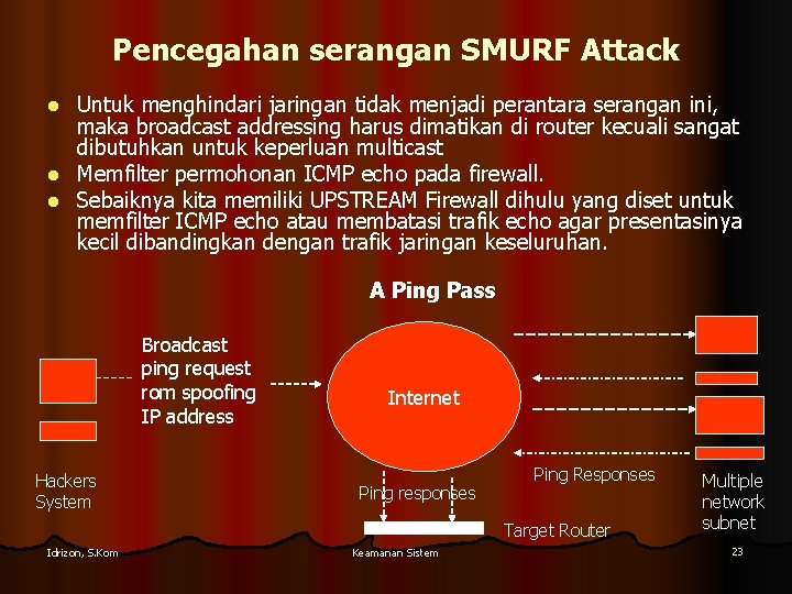 Pencegahan serangan SMURF Attack Untuk menghindari jaringan tidak menjadi perantara serangan ini, maka broadcast