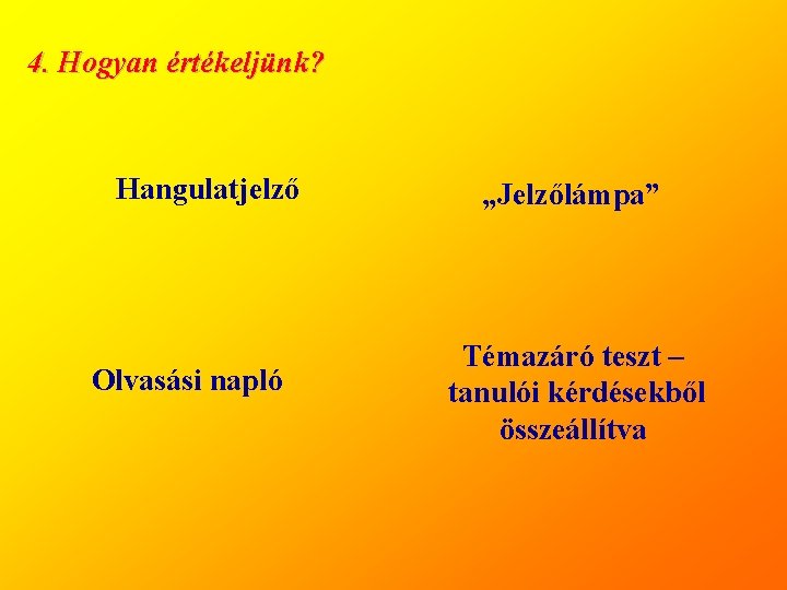 4. Hogyan értékeljünk? Hangulatjelző Olvasási napló „Jelzőlámpa” Témazáró teszt – tanulói kérdésekből összeállítva 