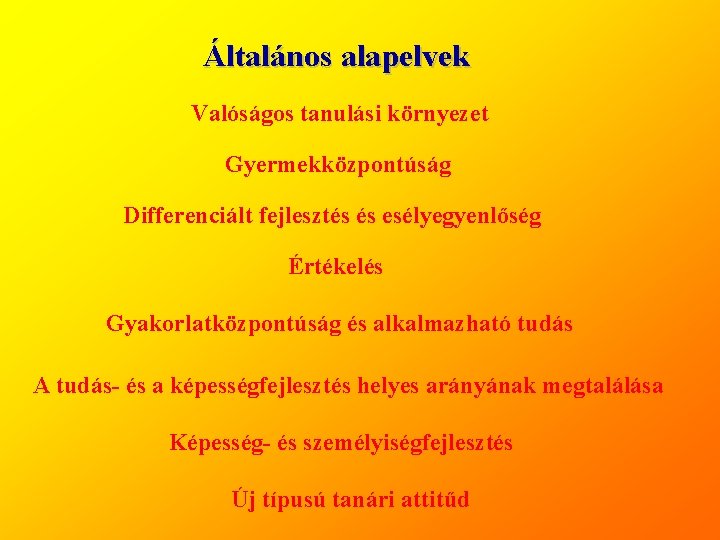 Általános alapelvek Valóságos tanulási környezet Gyermekközpontúság Differenciált fejlesztés és esélyegyenlőség Értékelés Gyakorlatközpontúság és alkalmazható