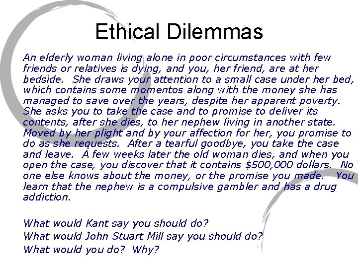 Ethical Dilemmas An elderly woman living alone in poor circumstances with few friends or