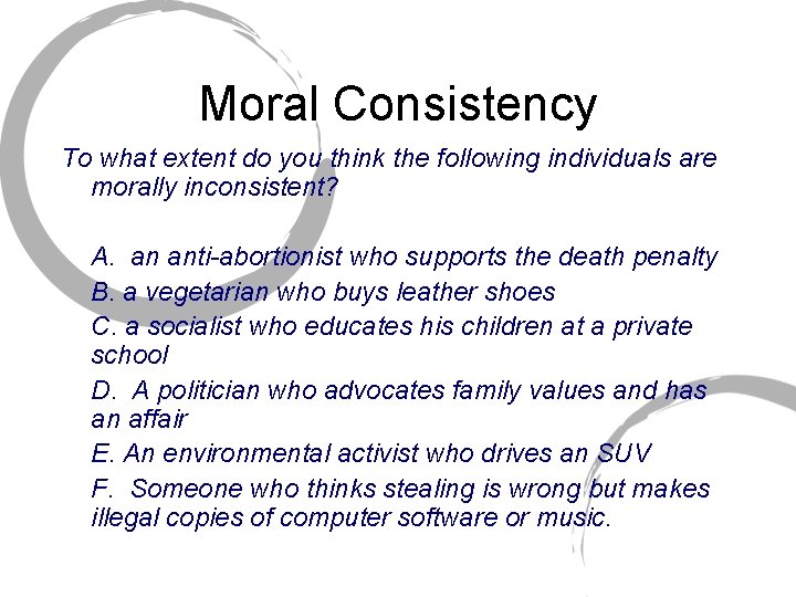 Moral Consistency To what extent do you think the following individuals are morally inconsistent?