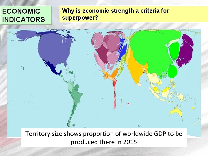 ECONOMIC INDICATORS Why is economic strength a criteria for superpower? Territory size shows proportion