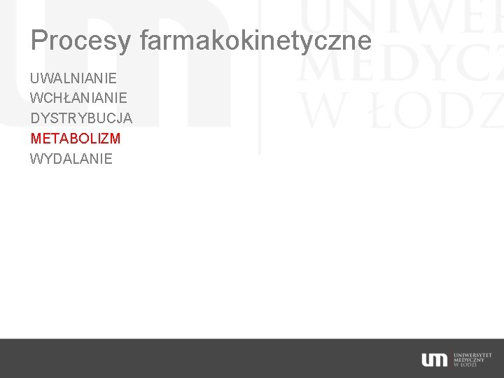 Procesy farmakokinetyczne UWALNIANIE WCHŁANIANIE DYSTRYBUCJA METABOLIZM WYDALANIE 