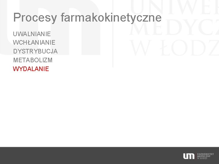 Procesy farmakokinetyczne UWALNIANIE WCHŁANIANIE DYSTRYBUCJA METABOLIZM WYDALANIE 