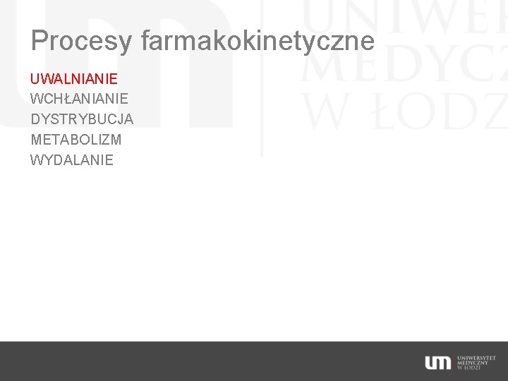 Procesy farmakokinetyczne UWALNIANIE WCHŁANIANIE DYSTRYBUCJA METABOLIZM WYDALANIE 