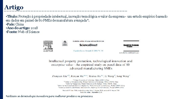 Artigo • Título: Proteção à propriedade intelectual, inovação tecnológica e valor da empresa– um
