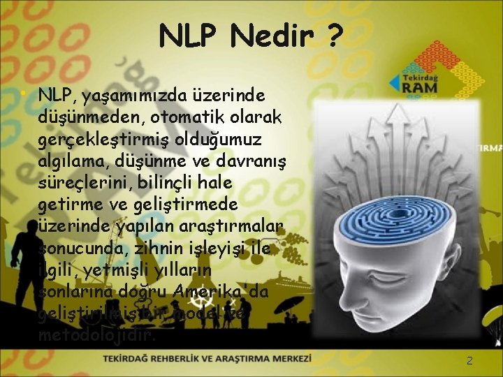 NLP Nedir ? • NLP, yaşamımızda üzerinde düşünmeden, otomatik olarak gerçekleştirmiş olduğumuz algılama, düşünme