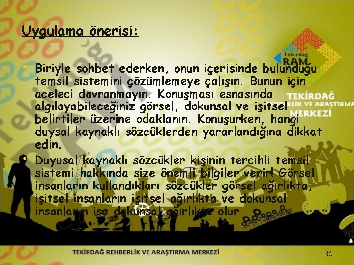 Uygulama önerisi: • Biriyle sohbet ederken, onun içerisinde bulunduğu • temsil sistemini çözümlemeye çalışın.