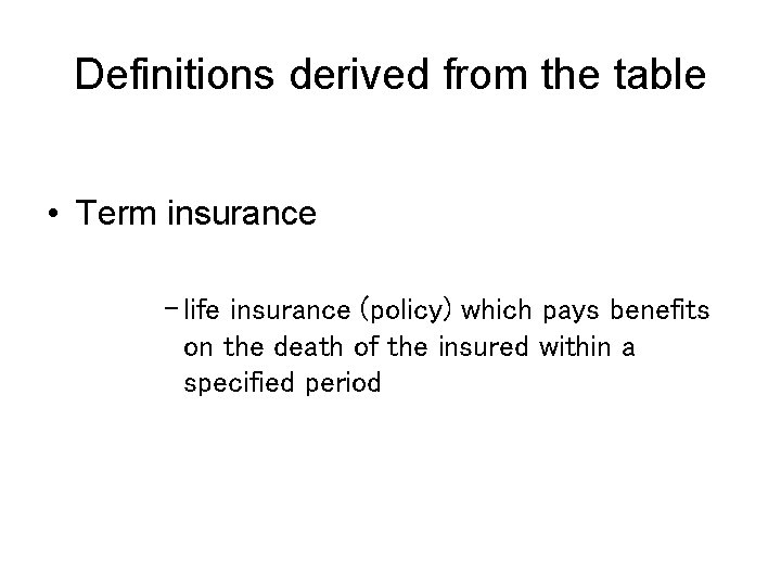 Definitions derived from the table • Term insurance – life insurance (policy) which pays