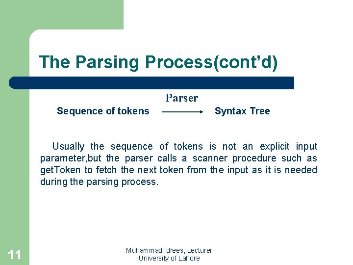 The Parsing Process(cont’d) Parser Sequence of tokens Syntax Tree Usually the sequence of tokens