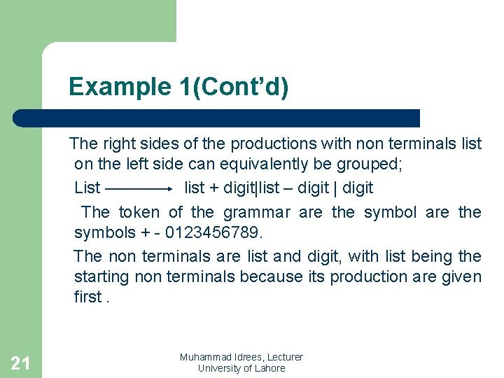 Example 1(Cont’d) The right sides of the productions with non terminals list on the