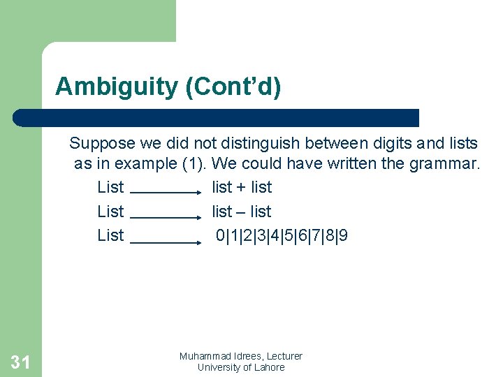 Ambiguity (Cont’d) Suppose we did not distinguish between digits and lists as in example