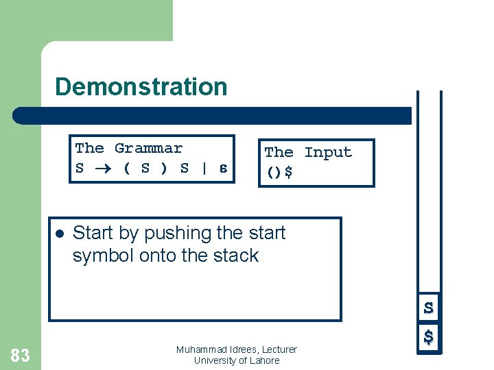 Demonstration The Grammar S ( S ) S | l The Input ()$ Start